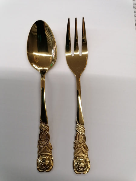 neu Set Kaffeelöffel + Kuchengabel Edelstahl, Serie Rosendekor, goldfarben